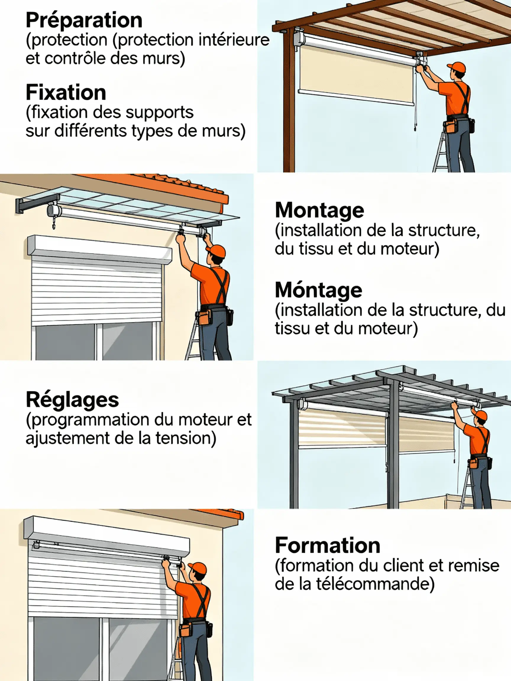 montage et preparation de toile et protection solaire et pergolas